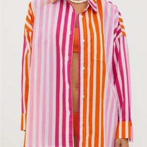 Beach Riot pink and orangegenstripe longsleeve button downn shirt size Large EUC